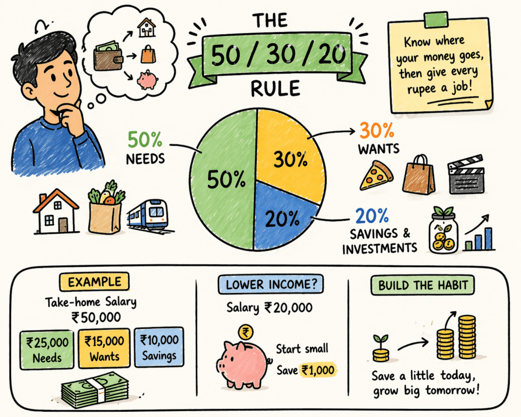 50 30 20 rule India salary budgeting infographic showing needs wants and savings breakdown with example income