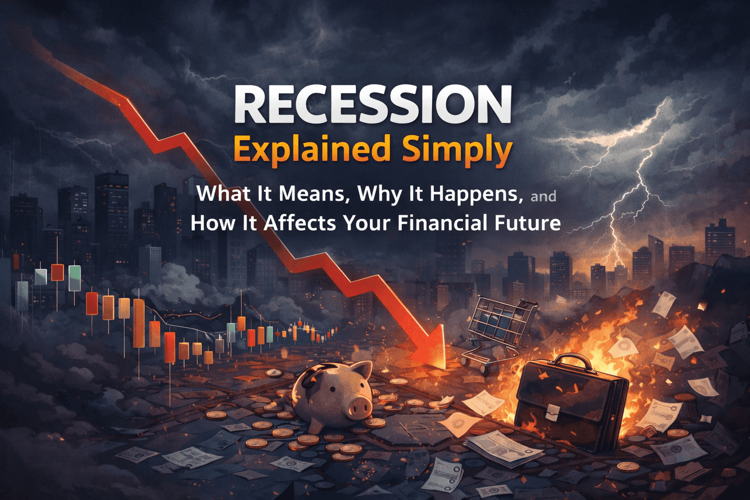 recession explained with gdp decline unemployment rise and stock market crash illustration