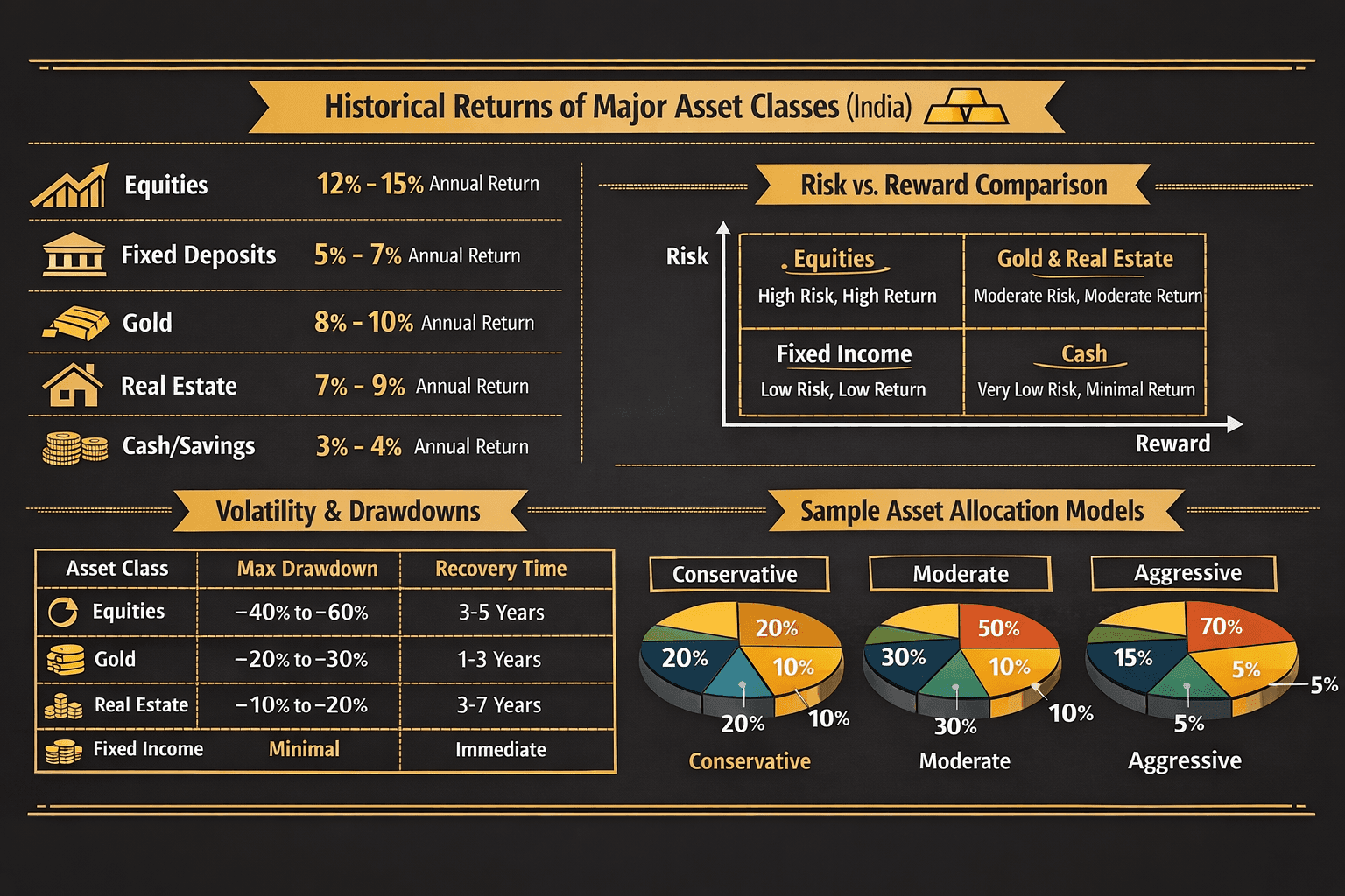 Historical returns and risk-reward comparison of major asset classes including equities, gold, fixed income, and real estate