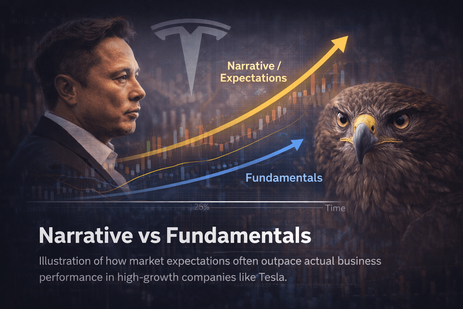 elon musk tesla narrative vs fundamentals chart musk reality check index hawk observation financial analysis