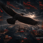 Stock market crash illustration showing global markets falling with hawk analyzing economic trends