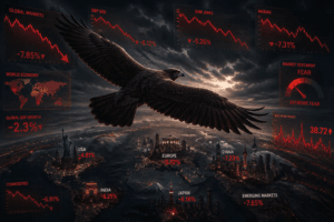 Stock market crash illustration showing global markets falling with hawk analyzing economic trends
