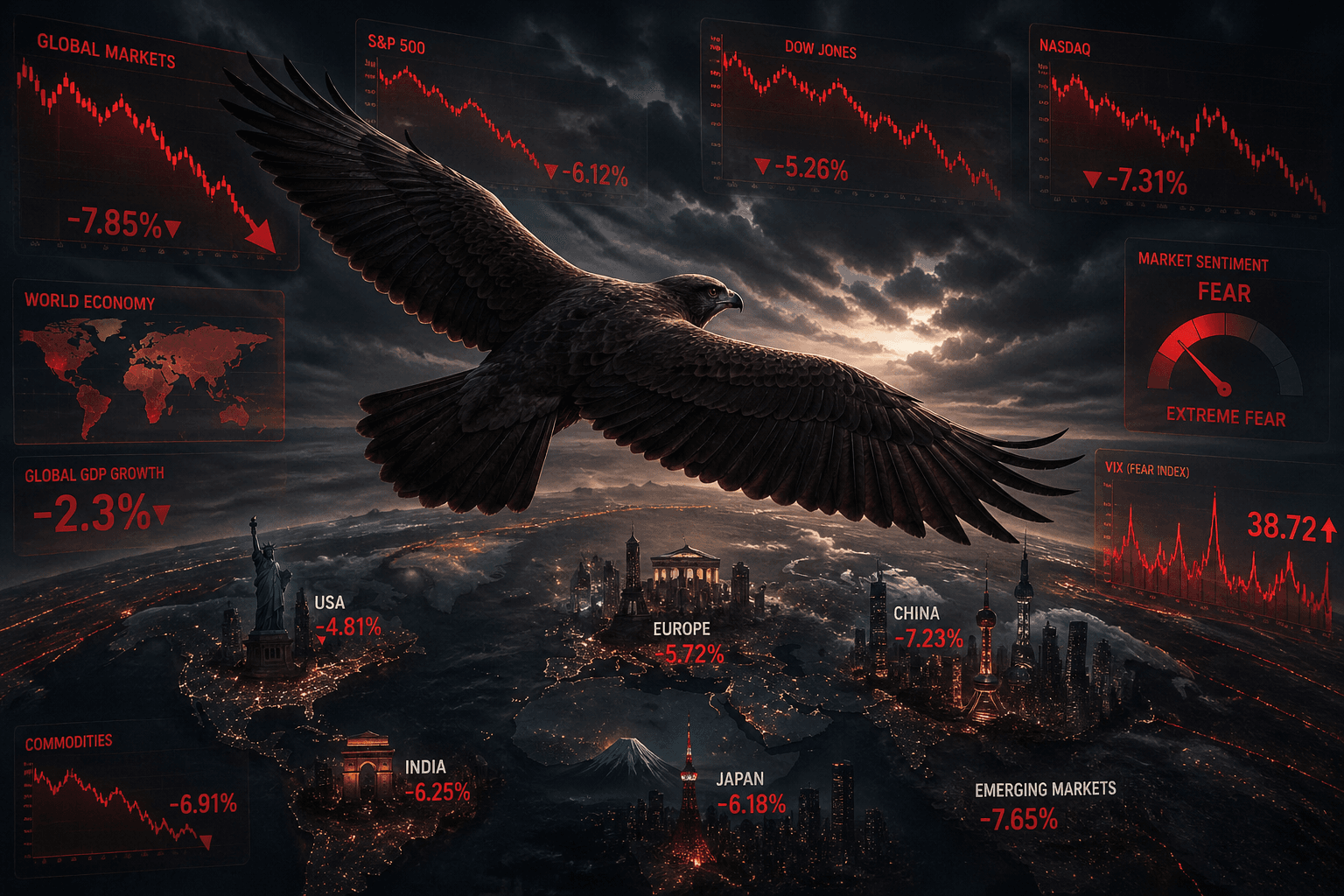 Stock market crash illustration showing global markets falling with hawk analyzing economic trends
