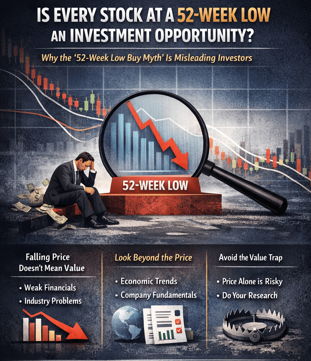 52-week low stocks chart showing downtrend value trap and price decline analysis