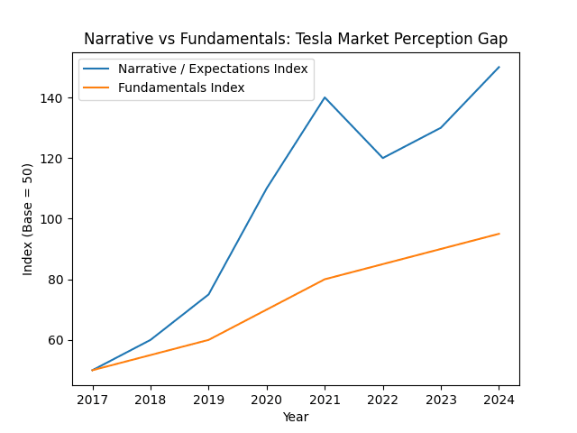 tesla narrative vs fundamentals investor expectations vs actual performance chart