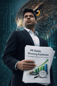PE ratio meaning explained for smart investors stock valuation earnings analysis CEO holding PE report with hawk background