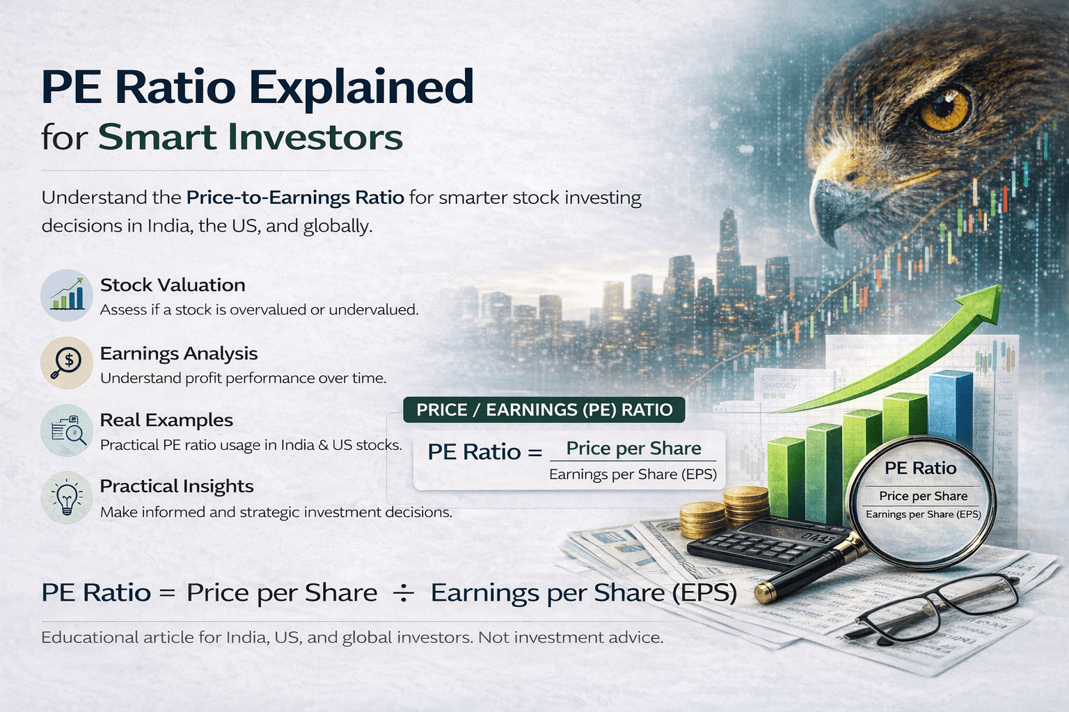 PE ratio meaning chart with stock valuation formula earnings analysis graphs and financial numbers for smart investors