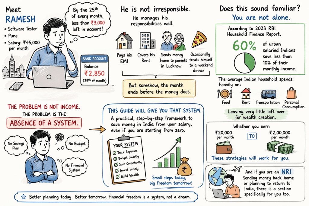 Indian salaried professional struggling to save money infographic showing expenses vs low savings and lack of financial system