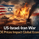 Can stock markets rise during war featured image showing tank conflict oil barrels rising stock charts and global markets