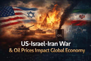 Can stock markets rise during war featured image showing tank conflict oil barrels rising stock charts and global markets