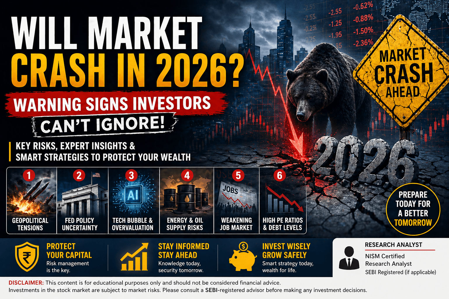 Will market crash in 2026 warning signs showing stock market crash risks including geopolitical tensions, high PE ratios, AI bubble and falling markets