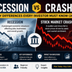 Recession vs stock market crash comparison showing economic slowdown vs sudden market fall with charts and investor impact