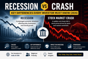 Recession vs stock market crash comparison showing economic slowdown vs sudden market fall with charts and investor impact