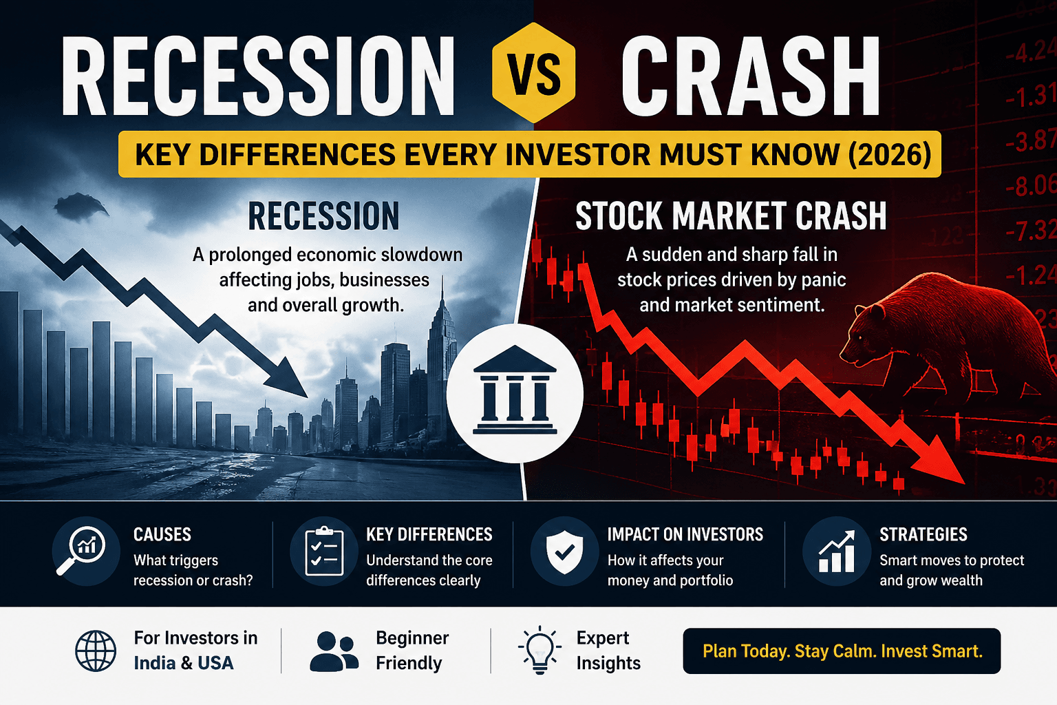 Recession vs stock market crash comparison showing economic slowdown vs sudden market fall with charts and investor impact