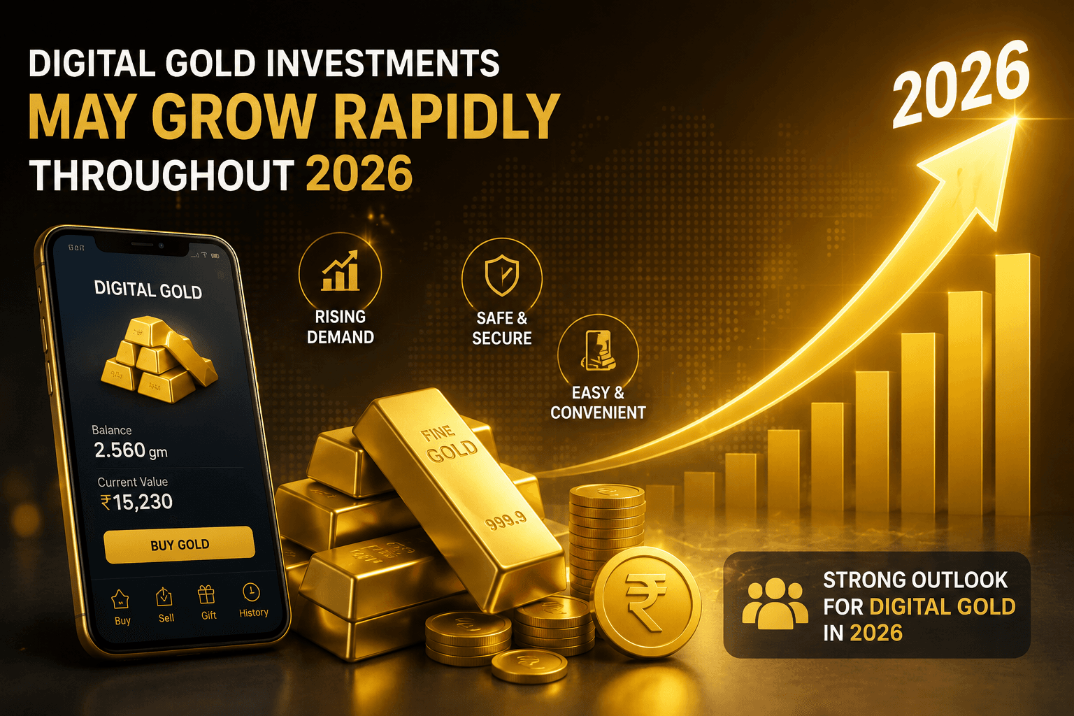Digital gold investment growth in 2026 with smartphone app, gold bars, and rising financial chart