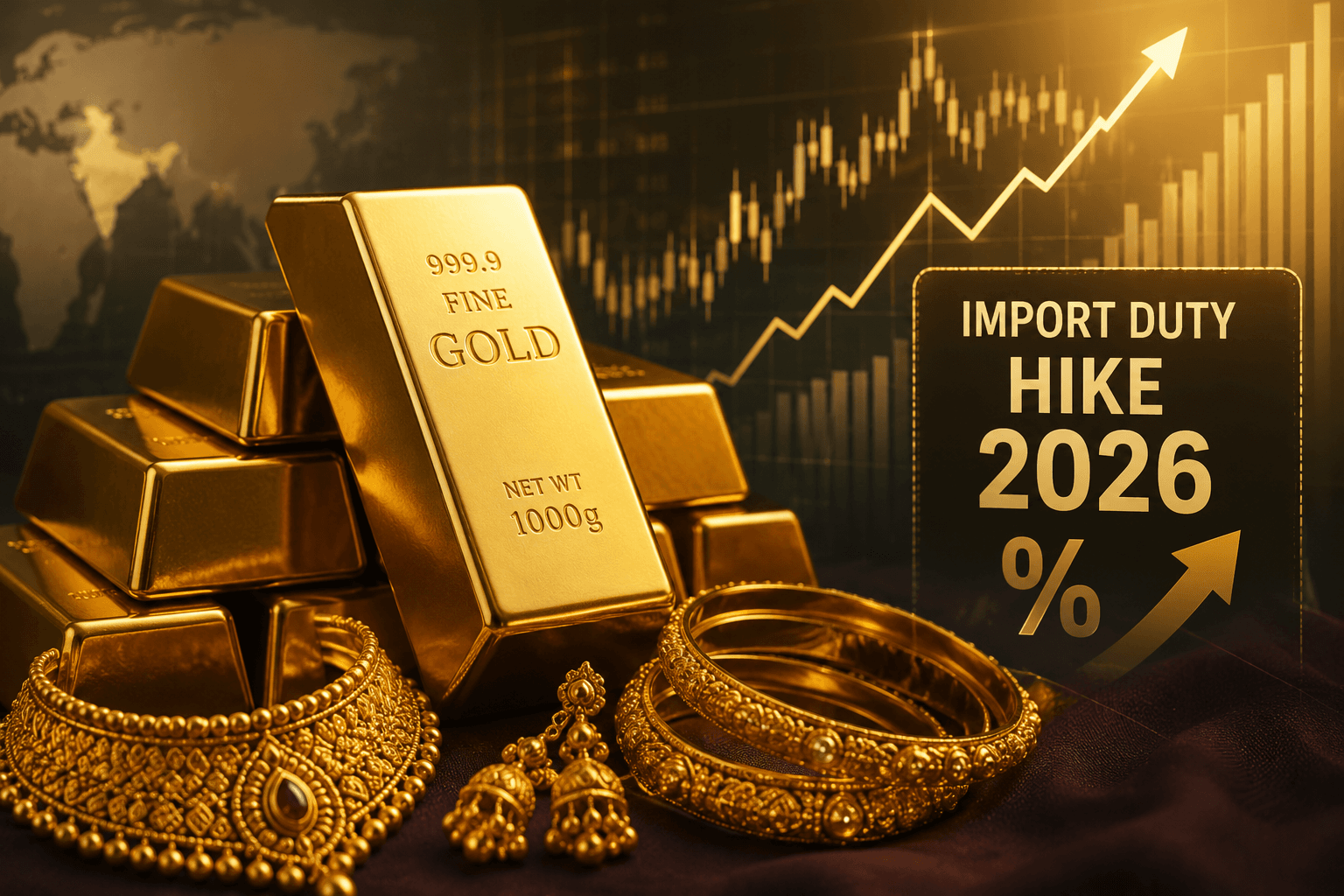 Gold bars and Indian jewellery representing Gold Import Duty Hike 2026 and rising gold prices in India