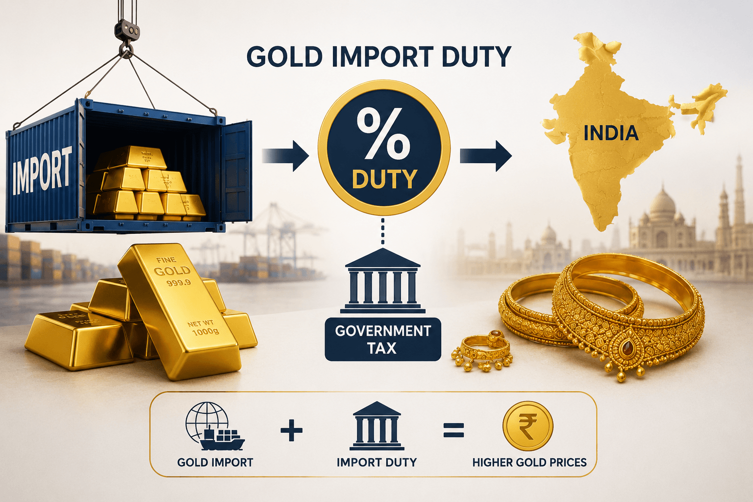 Illustration explaining gold import duty in India with gold bars, import container, government tax, and jewellery