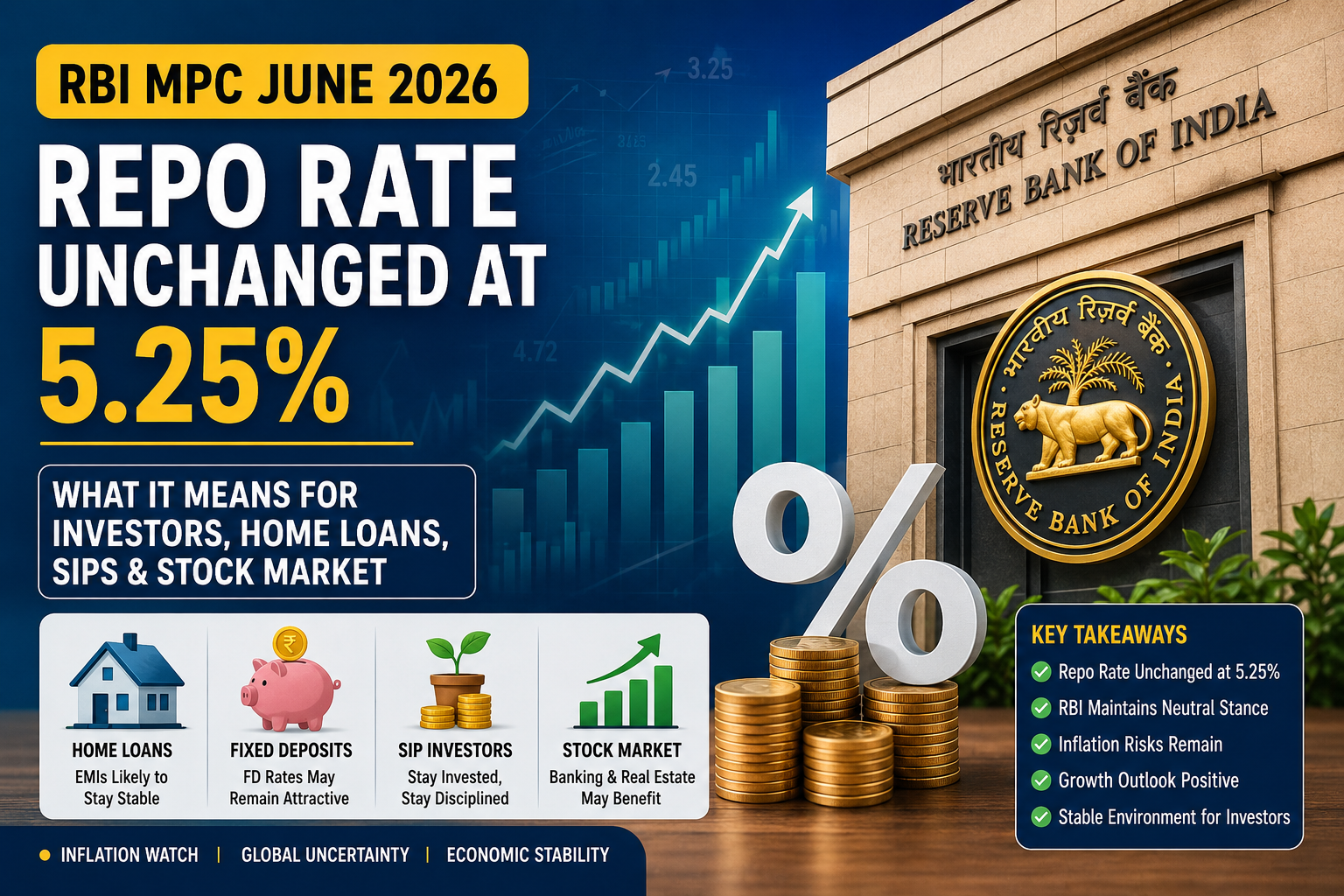 RBI MPC June 2026 repo rate unchanged at 5.25 percent impact on stock market SIP investments home loans fixed deposits and investors