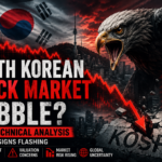 South Korean Stock Market bubble analysis showing KOSPI technical warning signs, market crash risk, falling stock chart and eagle symbolizing market fear