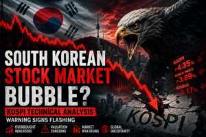 South Korean Stock Market bubble analysis showing KOSPI technical warning signs, market crash risk, falling stock chart and eagle symbolizing market fear