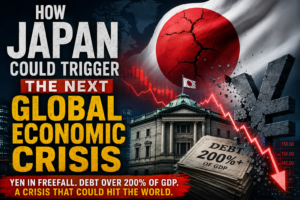 Japan economic crisis illustration showing a falling yen, Japan's debt crisis and potential global economic impact