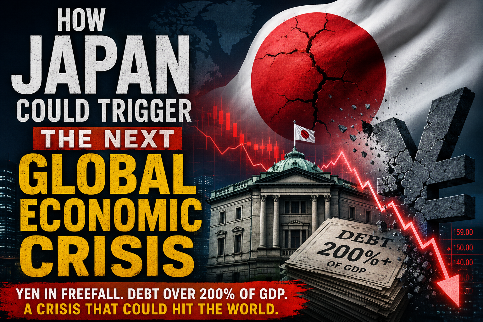 Japan economic crisis illustration showing a falling yen, Japan's debt crisis and potential global economic impact