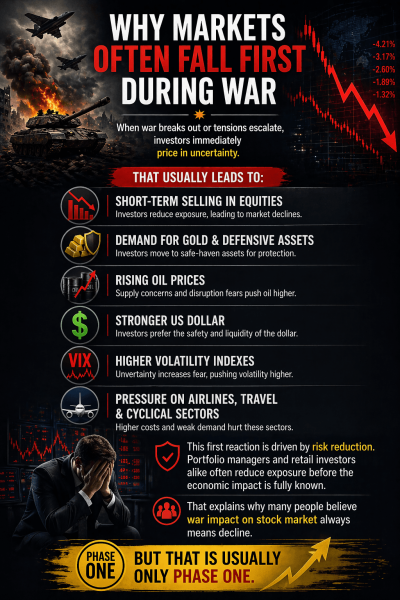 Why markets often fall first during war infographic showing stock market decline oil prices gold demand volatility and investor panic