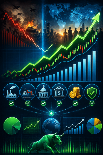 Why stock markets can rise during war bullish recovery chart showing rising stocks global economy oil supply and investor confidence